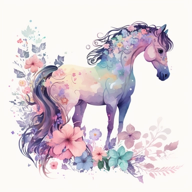 A horse clipart design for girls with a soft and girly color palette of pastel colors like pink, purple and blue to create a dreamy atmosphere. The horse itself is majestic and has a long flowing tail and mane that move in the wind. Flowers and butterflies surround the horse and give the design a romantic touch
