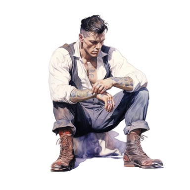 A beautifully illustrated victorian pulp fiction male fighter in varying hues sitting down and taking off his shoes ,wearing boxing gloves and muscular, muscles, octane render, hyperrealistic, stunningly handsome, refined and sophisticated, Hand drawn, roberto ferri ,realistic watercolor, Clipart, watercolor, white background, intricate detail