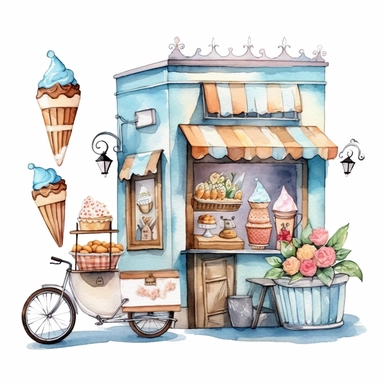 Watercolor wedding icecream blue stand, wedding clipart, simple, soft colors, cartoon elements, watercolor boho style, white transparent