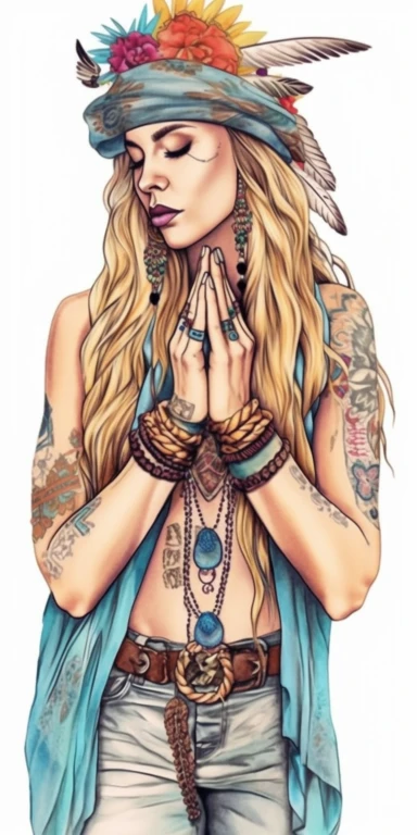 woman in fashion pose, Bohemian, exotic, blue eyed and blonde haired woman with a headband with flowers and feather, cowboy boots, lotus choker, large earrings, tattoos, hands in prayer, wearing her heart on her sleeve, watercolor illustration on white background, watercolor clipart on white background, watercolor sticker on whtie background, in th e style of Job ID: 604300f4 - 6984 - 4a9a - aa16 - 00313a985d77 Seed: 1300855054