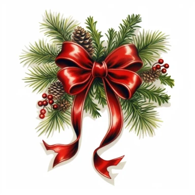 clipart with white background, pine boughs with pretty red bow, clearly defined separate image, high quality--ar3:4-no mockups, watermarks, numbers, writing, letters--q2--v5.1--s1000