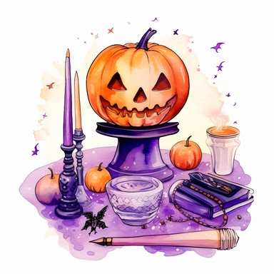 hand drawn glowing crystal ball sitting on a table with crystals, tarot cards, a wand, candles and a pumpkin, Halloween, purple and orange shades,fantasy, glamorous, , clipart style, detailed and realistic, watercolor, white background with margins