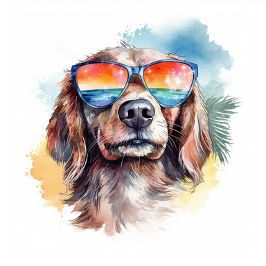 summer, dog with sunglasses, clipart, watercolor, no background, white background, dog