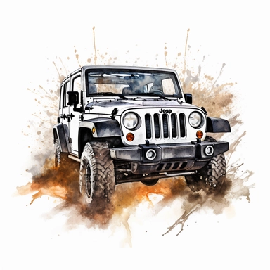 Realistic illustration of a 4 door rubicon Jeep wrangler 2013, silver body with black top, driving up a muddy hill, watercolor style, clipart style on white background, 8k, hyper realistic paint with splashes