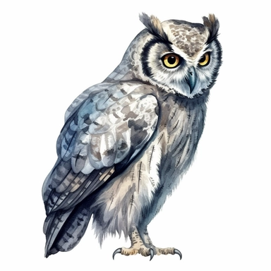 A Cute Happy Owl Side view.Watercolor hyper-realistic detailed animal illustrations, elegant inking techniques, delicate markings, monochromatic paintings, free brushwork, watercolor illustrations, painted illustrations Clipart, White Background