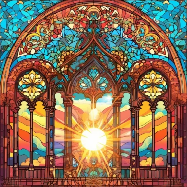 clipart, an intricate stained glass window design clipart, in the style of art nouveau, #screenshotsaturday, reimagined religious art, multiple shapes,islamic art and architecture, no background, vibrant colors, sunshine coming in through the glass, flowers at the bottom, dramatic lighting