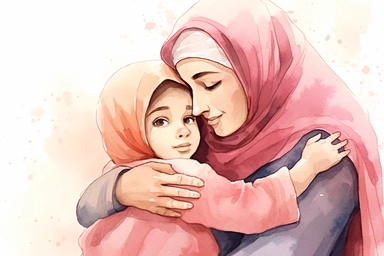 Little muslim girl, five years old, wearing pink hijab, embracing his mother tightly symbolizing their unbreakable bond, illustration for book, children's book, multiple positions, Watercolor Clipart, strybk, full Illustration, 4k, sharp focus, watercolor, smooth soft skin, symmetrical, soft lighting, detailed face, concept art, watercolor style, strybk, children's style fairy tales, chibi kawaii, . Octane rendering, 3d. Perfect face, detailed face, delicate face, perfect sharp lips, detailed ey