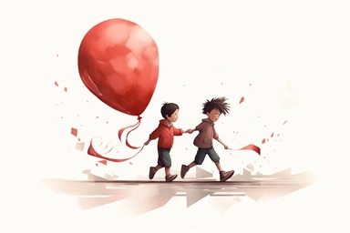 cute beutiful boy and boy holding hands, red half of the heart shape balloon geometric minimalist , valentine's day, top view, running in Tokyo, ink, Ghibli style, 8k, Leyka 35mm very detail clipart on white background space out 8k