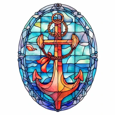 commercial shot of watercolor nautical anchor Stain glass window clipart, whimsical, sublimation clipart, fantasy, deep colors, high quality watercolor style clipart, isolated on white, award winning,