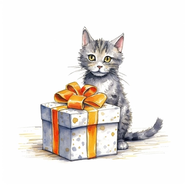 Axel scheffler illustration style cat christmas present, high definition, 16k, insanely detailed, fine detail, sharp focus, illustration, white background, isolated clipart vector