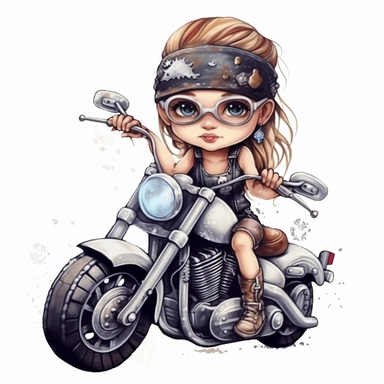 clipart of cute and cool baby girl on a harley davidson multicolor white background