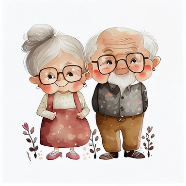 cute adorable happy grandparents, clear white background, handrawn watercolor graphic clipart, cute Children's Drawing, isolated