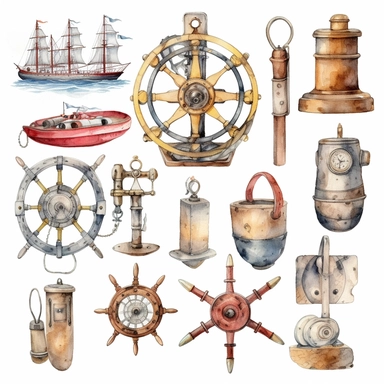 watercolor nautical docking equipment , illustrations clipart set, simple, , cartoon elements ,different variants , brass elements, , separate elements with a margin, ,4k, high resolution