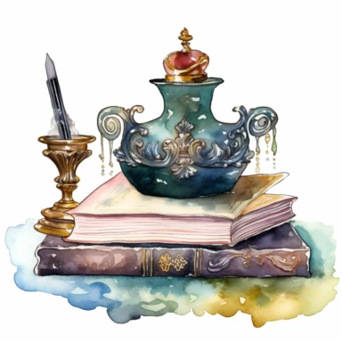 in elaborate fantasy imagery, an inkwell with an ornate fountain pen is sitting next to a single book watercolor clipart--no text no watermark