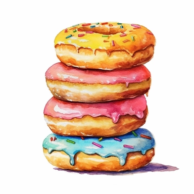 a beautiful detailed watercolor artwork of delicious stack of old-fashioned donuts, food art, clipart, clear border, hd, on white background,