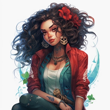 Disney princess moana, brown curls in a rocker hairstyle, red leather jacket over a ripped green dress, blue jewellery, skulls, gothic style, rock style, clipart, white background, by Kawacy