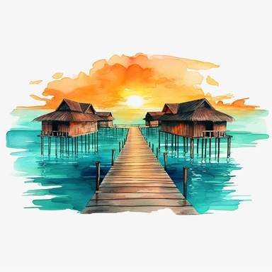 overwater bungalows, turquoise ocean, dock, sunset, watercolor clipart, bright colors, minimalist, isolated white background, 8k