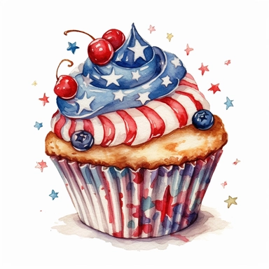 watercolor American flags cupcake, cartoon sticker, clipart, white background, hd, 32k