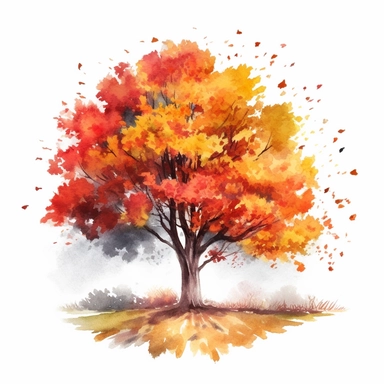 watercolor style, autumn tree in the part with falling leaves, clipart isolated on white background, 4K