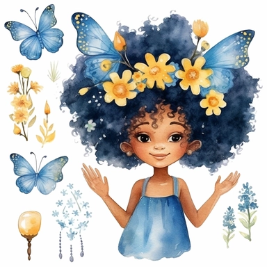 cute easter afro fairy girl watercolor clipart, indigo clothes, gold details