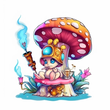 whimsical, cute, cartoon, clipart, caterpillar smoking a hookah sitting on a magic mushroom, sticker