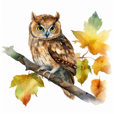 watercoloran owl sits on an oak branch, warm, soft glow through the trees, leaves are falling, trees in the background, hyper realistic, isolated white background, 8k, ultra detailed clipart, warm green and brown