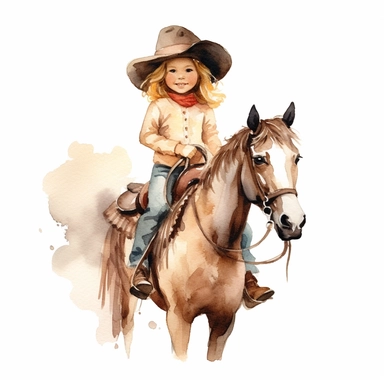 adorable cute vintage little girl in cowboy hat riding pony, watercolor clipart, high quality clipart, no background , high details