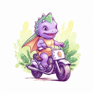 Create a clipart of a cute dinosaur riding a motorcycle. Pastel colors. Kawaii style. Jungle trees before a White Background, soft lighting.