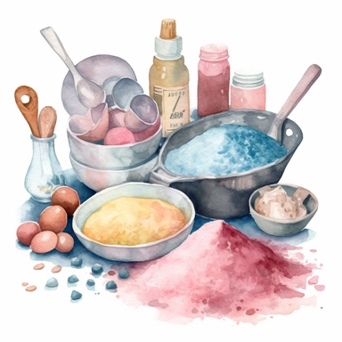 Design a watercolor clipart image of a set of baking ingredients, including flour, sugar, and eggs. Use pastel shades of pink, blue, and yellow to create a soft and inviting palette, and include plenty of texture and detail to make the ingredients look tactile and realistic, white background