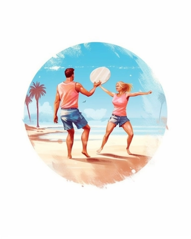 watercolor clipart beach frisbee game with players playing, hyper realistic, 8k, isolated on white background