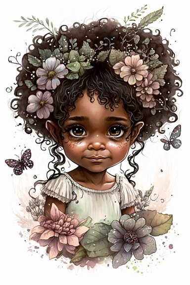 cute little fairy girl, black princess, flowers around, smiling, nice worm eyes, watercolor clipart, intricate details, white background