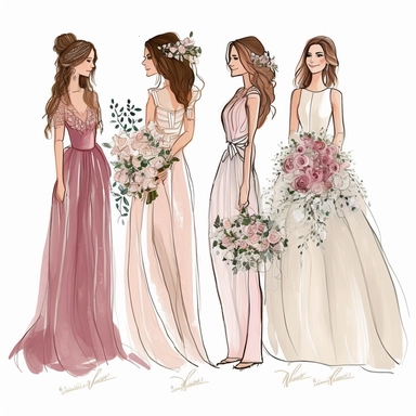 Best Friends wedding Fashion Illustration Clipart, high resoulution format,bride and bridesmaids png file