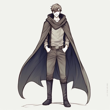 clipart sketch, young man with a lean, muscular build, faded haircut, piercing eyes, young appearance, black cloak, pants and boots, gege Akutami, facial expressions, joy