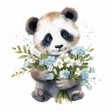 watercolor clipart image of a happy looking baby panda holding some flowers, disney style, white background, no shading