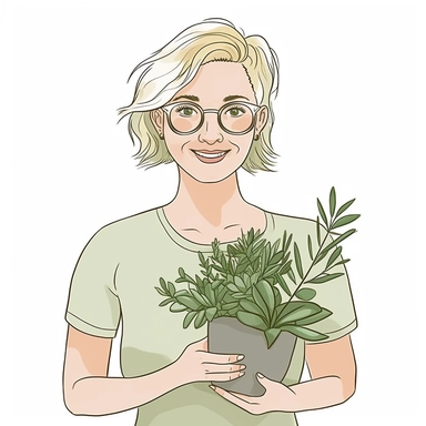 A HAPPY Young Woman WITH GLASSES AND blond hair Holding PLANTS Clipart in the style of hand-drawn, clean lines on a white background