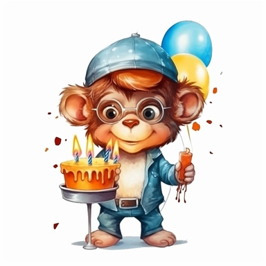 cute Monkey character wearing birthday clothes and birthday element with happy face,front facing on isolated background,with happy face and expression,Animal Sublimation Clipart,no splash watercolor,white background, ultra detailed clipart, cut out image, colorful watercolor realistic, cartoon style, ultra HD, sharp and clean art