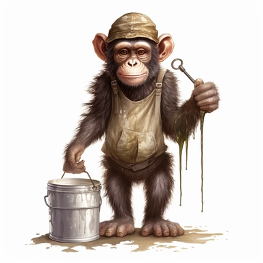 clipart of standing chimpanzee, holding dripping brush and bucket to paste poster onto wall in the style of artist Shepard fairy