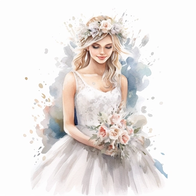 beautiful watercolor fun, happy and cute photorealistic stylish, smiling bride in white wedding dress and tiara beautiful, whole body, decorated in big pastel and light colors flowers in the style of aquarelist, wedding illustrations award winner, wedding clipart, 8k, white background, intricate details illustrations very detailed, uhd exquisite clothing detail, rimel neffati
