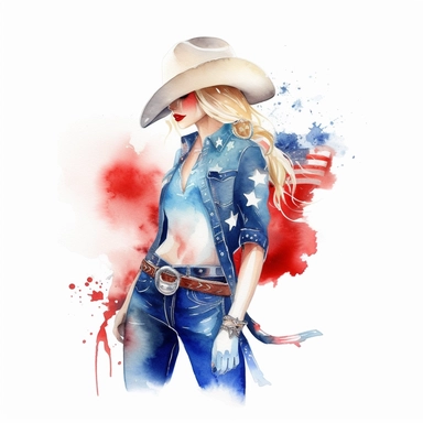 watercolour usa patriotic cowboy girl clipart, hd, on white background, spaced out ar 3:2 s 1000