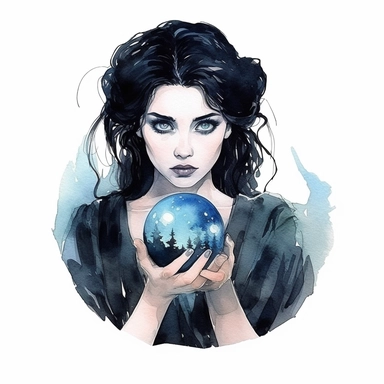 beautiful Halloween witch with black hair and blue eyes, holding a crystal ball, watercolor style, clipart image