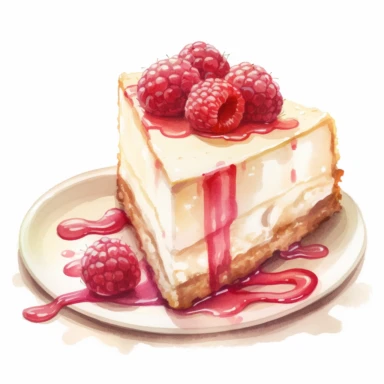 This highly detailed watercolor clipart depicts a heavenly White Chocolate Raspberry Cheesecake on a pristine white background. The artwork showcases the luxurious combination of creamy white chocolate and tart raspberries. The cheesecake is exquisitely rendered with intricate brushstrokes, highlighting its velvety texture and rich flavor. Plump raspberries add a vibrant burst of color, enhancing the visual appeal. Against the clean white backdrop, this clipart exudes an irresistible allure, mak