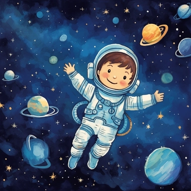 A sweet little astronaut boy donning blue astronaut attire floats gracefully in a zero-gravity environment. His eyes gleam with wonder and excitement as he navigates through the vastness of space, surrounded by a whimsical clipart illustration depicting stars, planets, and galaxies. The illustration captures the joy and adventure of space exploration, showcasing the boy's dream of exploring the cosmos.