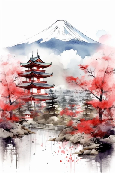 Watercolor Japan landscape, wonderful nature, very vivid colors, highly detailed drawing, white background, clipart, colorful, highly detailed, HD