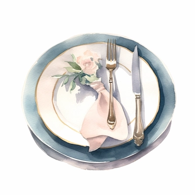Dusty Blue Table Setting Clipart: This clipart illustrates a Dusty Blue tablecloth with an Ivory White dinner plate, Soft Blush Pink napkins, and Gold Accent cutlery. This watercolor piece captures a beautiful dining scene under the Eternal Elegance wedding theme.