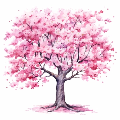 full perspective, watercolor cherry blossom tree clipart, on a white background