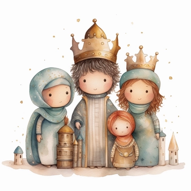 A watercolor painting of a cute nativity with 3 wise men holding gold, frankincense and myrrh, Christmas, cute detailed digital art, inspired by nicoletta ceccoli, by Kubisi art, whimsical and cute, by nicoletta ceccoli, cute detailed artwork, glimmering,