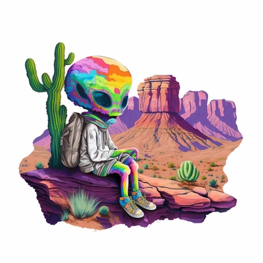 Boho style illustration, clipart, sublimation painting. An alien in the Grand Canyon National Park in Arizona. Bright colorful colors on a White empty background, high quality 8k, high quality detail