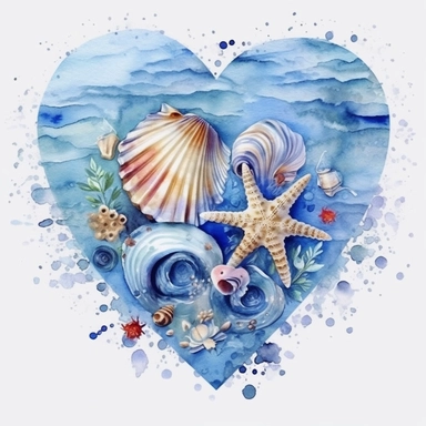 the beach blue waves has heart, couple, snails, starfish..., Watercolor Clipart, details