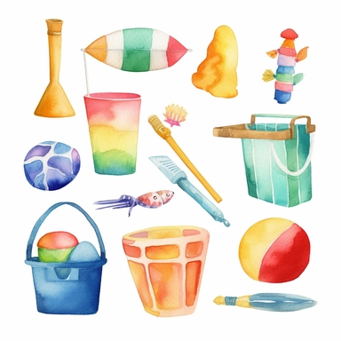 beach toys, watercolor, clipart, minimalist, bright colours, isolated white background, 8k