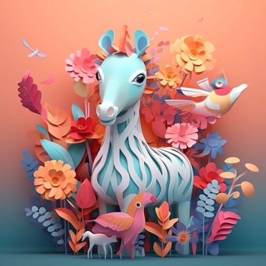colour 3D animal clipart, in the style of modern color palettes, cute and dreamy, heavy shading, colorful storytelling, modern style, colour flower background